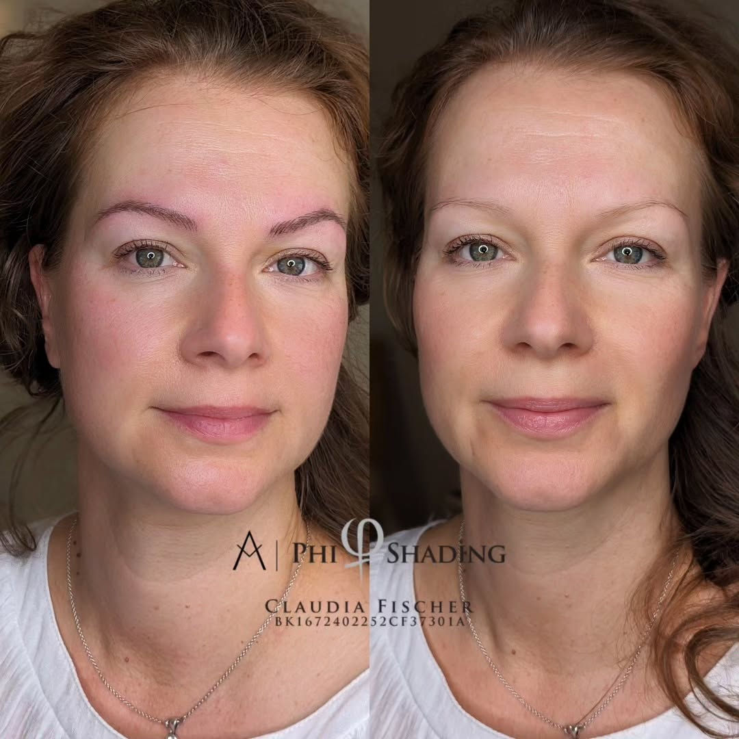 Vorher-Nachher einer Microblading-Behandlung für symmetrische Augenbrauen.