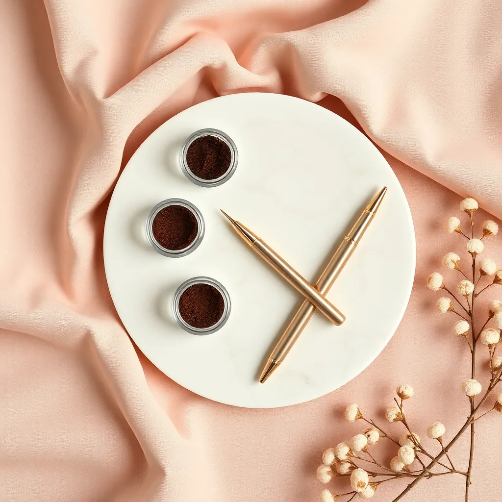 Stillleben mit Pigmenten, Werkzeugen und Stoff in warmen Rosétönen, Atmosphäre des Permanent Make-up Studios.